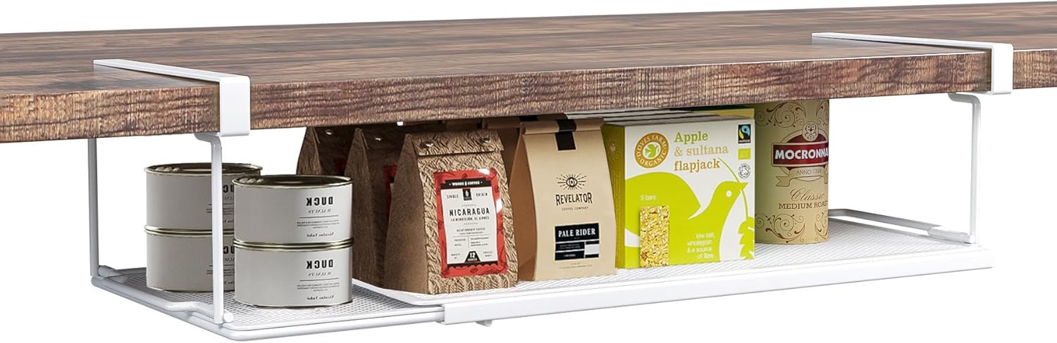 Expandable Under Cabinet Shelf, Extendable Under Shelf Storage with 1.25 Inches Thick Clips for Pantry Cabinet, Laundry Room, Shoe Rack.(White, 1 Pack, Interior: 3.66″ H x 8.26″ D) Expandable Under Cabinet Shelf, Extendable Under Shelf Storage with 1.25 Inches Thick Clips for Pantry Cabinet, Laundry Room, Shoe Rack.(White, 1 Pack, Interior: 3.66″ H x 8.26″ D)