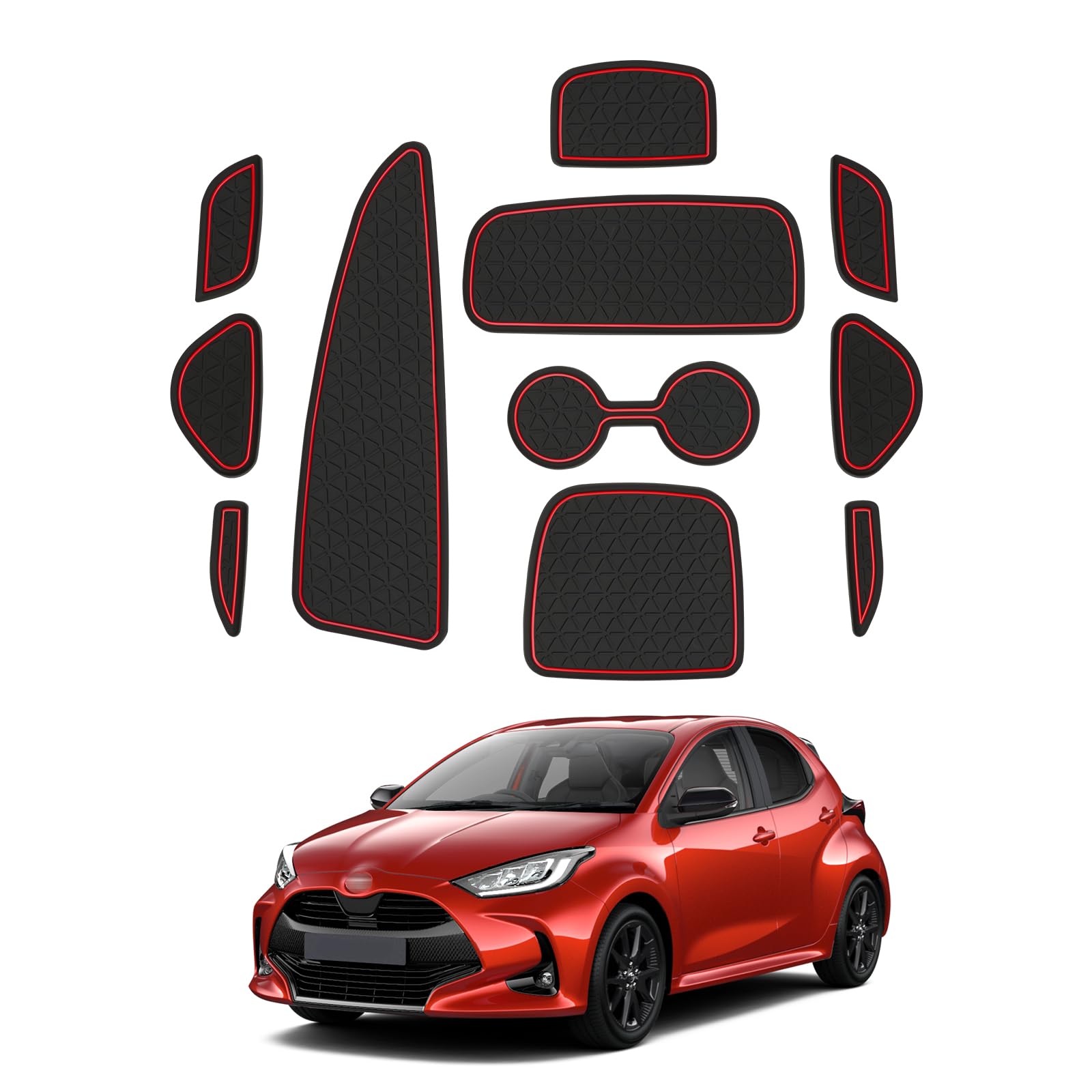 Tappetini Antiscivolo Compatibile con Toyota Yaris 2020-2024, Tappetini in Gomma per Console Centrale, Portabicchieri, Cuciture Porta, Toyota Yaris IV XP210 Tappetino per Auto (Rosso)