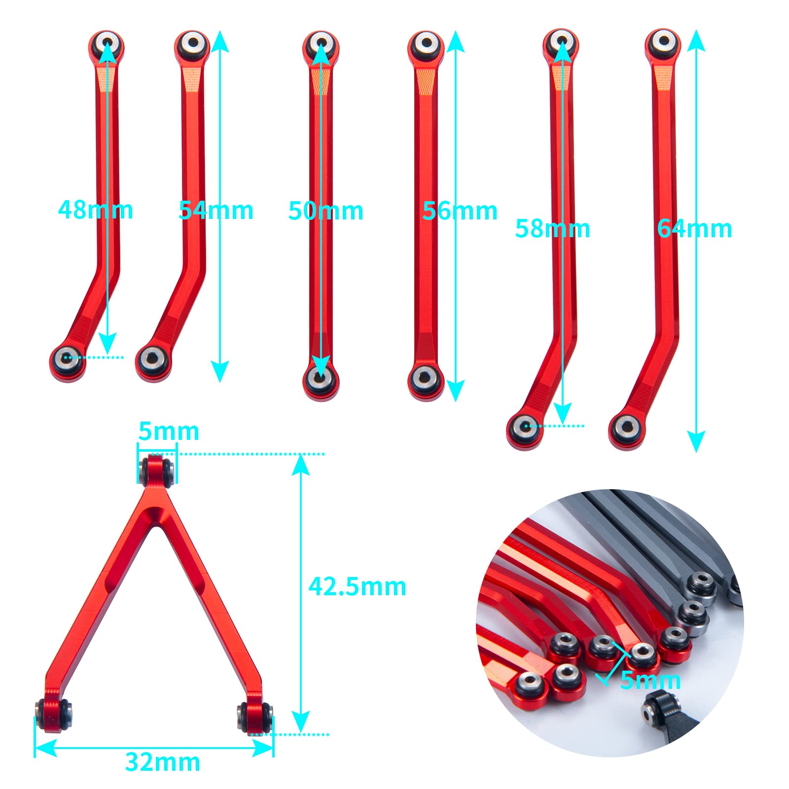 JGGZONE Aluminum Alloy High Clearance Links Y Link Set Chassis Links Rod Linkage Pull Rods Compatible with 1/24 Axial SCX24 AXI00001 C10 AXI00002 Wrangler JLU AXI00006 Bronco Upgrades, 7PCS (Red)