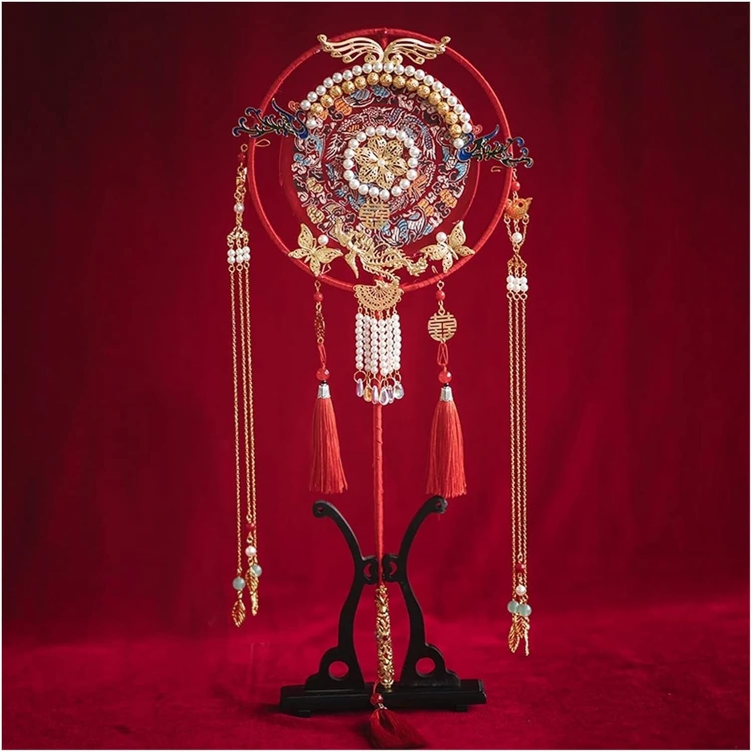 Red Bridal Fan Bouquets Classic Chinese Handmade Tassel Round Hand Wedding Accessories