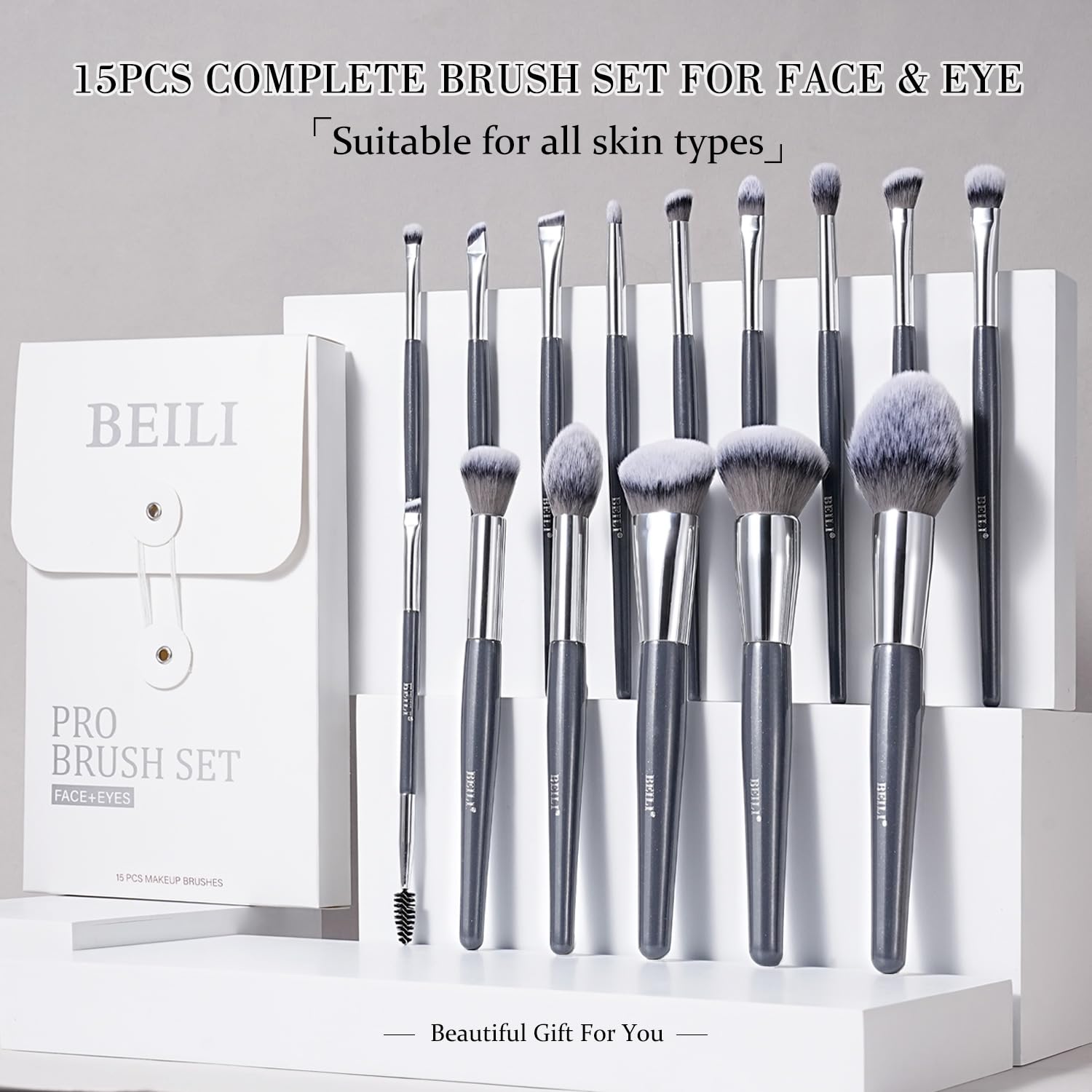 BEILI Brochas de Maquillaje,15 PCS Set de Brochas de Maquillaje Veganas,Base en Polvo Sombra de Ojos Mezcla Corrector Juego de Brochas para Pliegues Pinceles para Delineador de Cejas