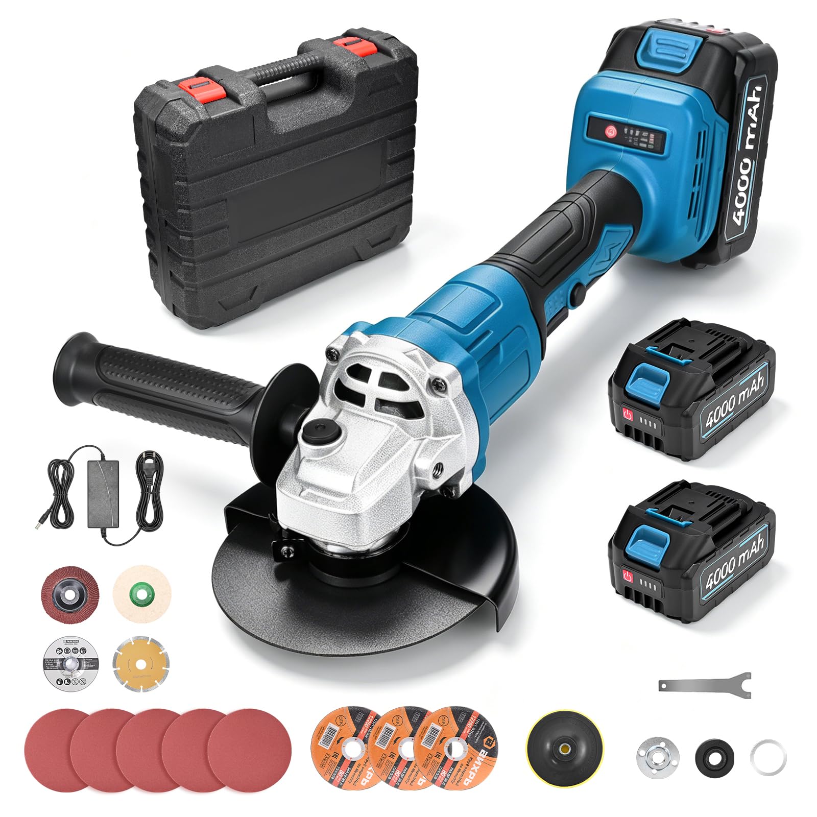 Amoladora Angular a Batería, 900W Amoladora Angular sin Escobillas, incl. 2x Batería 4.0Ah & Cargador Rápido, vel. regulable, Amoladora inalámbrica para Cortar, Pulir y Amolar