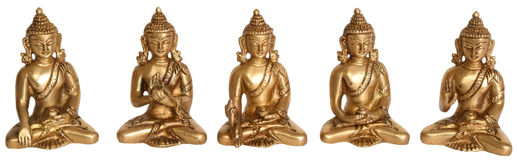 Exotic India Set of Five Dhyani Buddhas (Tibetan Buddhist Deities), Brass, Golden, 3.302 x 5.08 x 7.62 cm