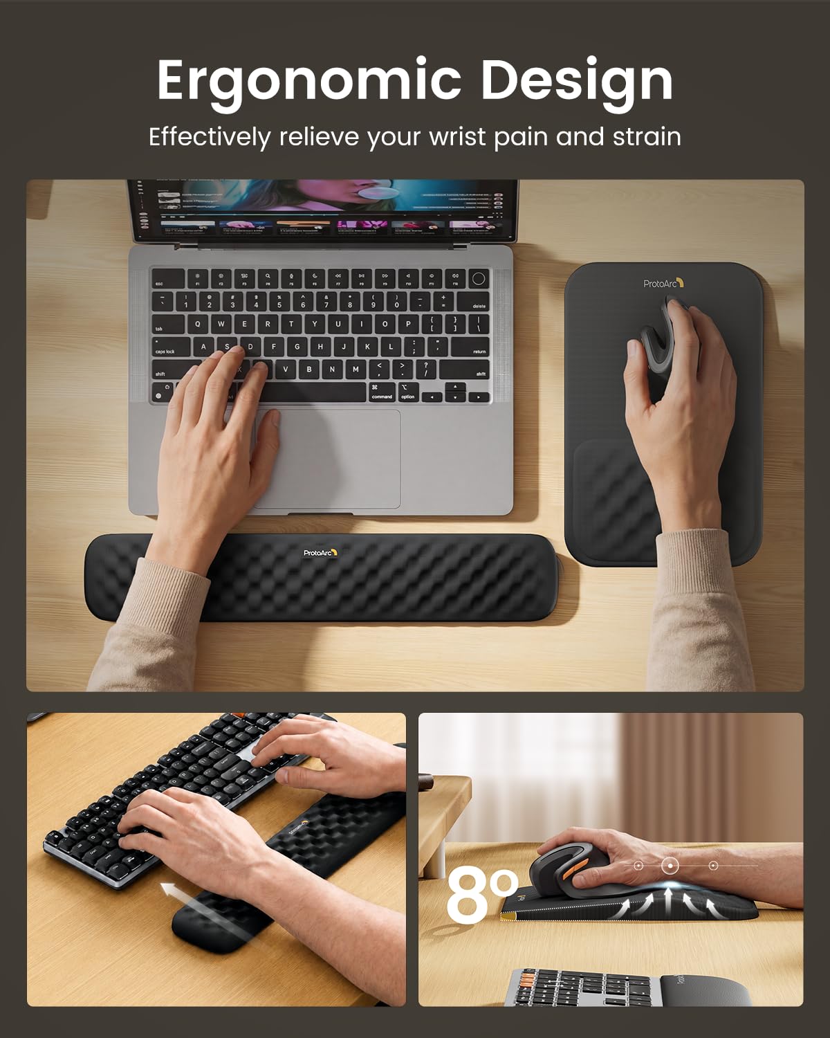 ProtoArc KMP50 Tapis de souris ergonomique avec repose-poignet et repose-poignet pour clavier d'ordinateur, design massant, surface en lycra et base antidérapante en polyuréthane pour soulager la
