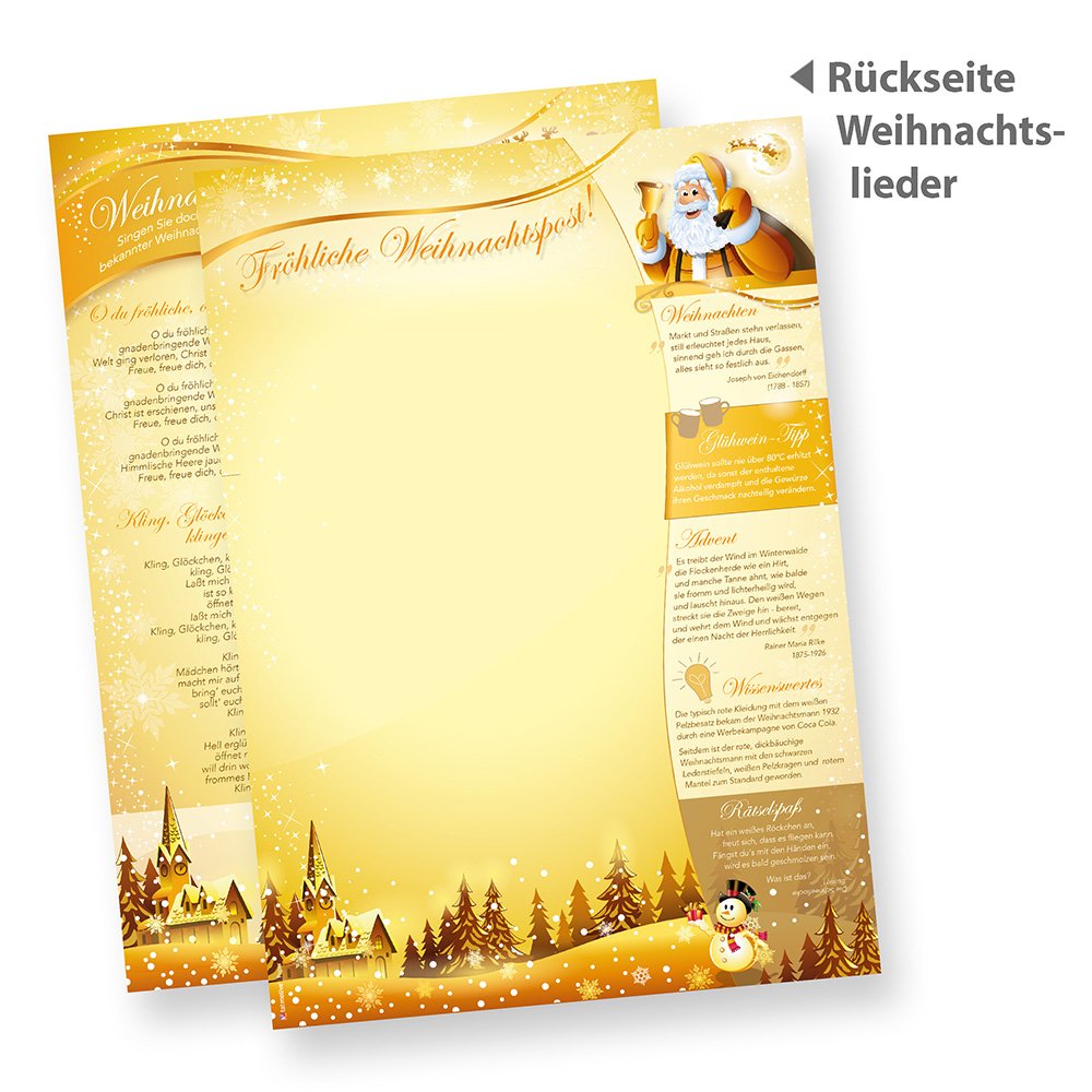 Briefpapier Set Weihnachtspost (500 Sets ohne Fenster) Weihnachtsbriefpapier mit Umschlag - beidseitig - Rückseite mit Weihnachtslieder