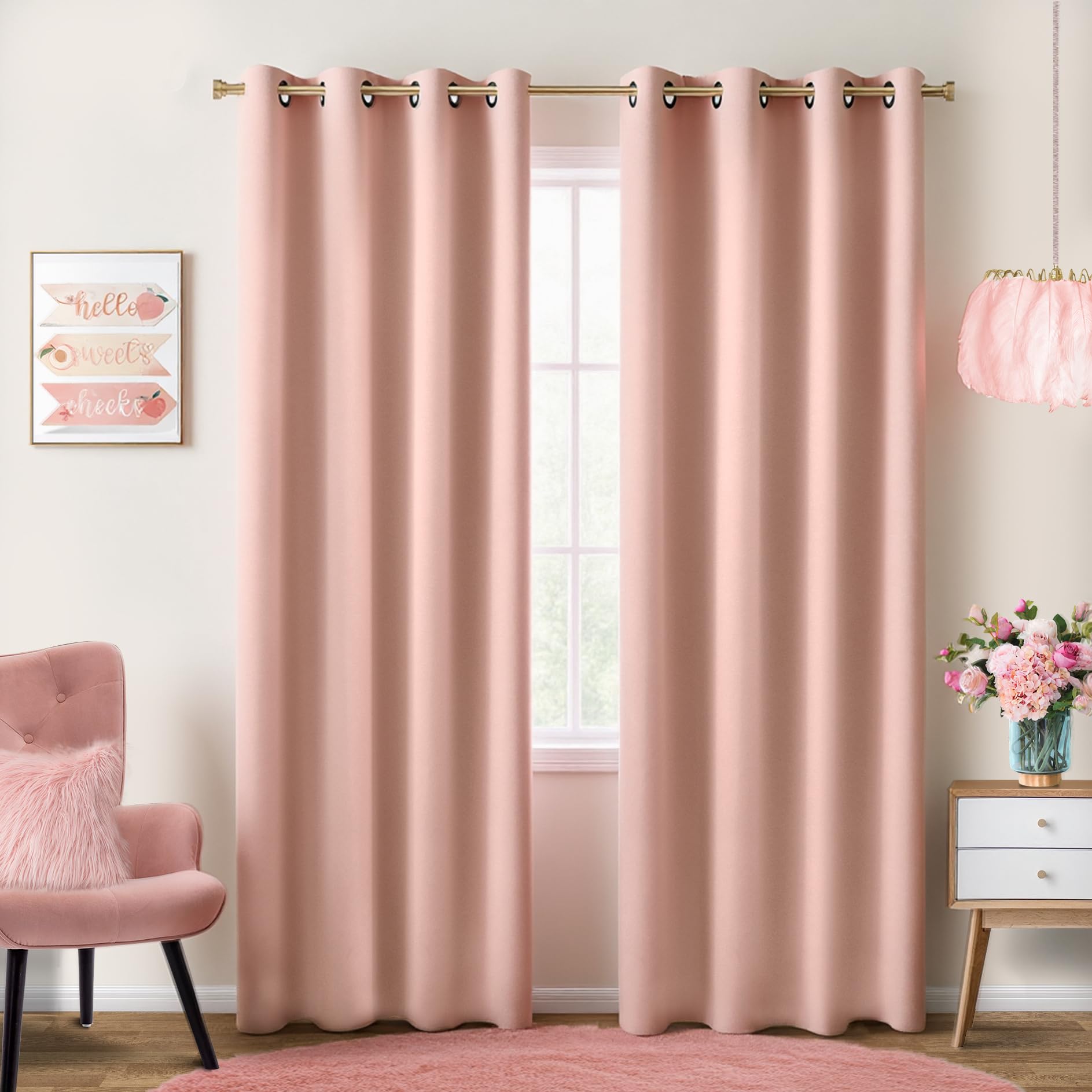 KOUFALL Set of 2 Pretty Thermal Blackout Curtains with Rings for Children's Room, Nursery or Living Room, 84 Inches Length, Old Pink