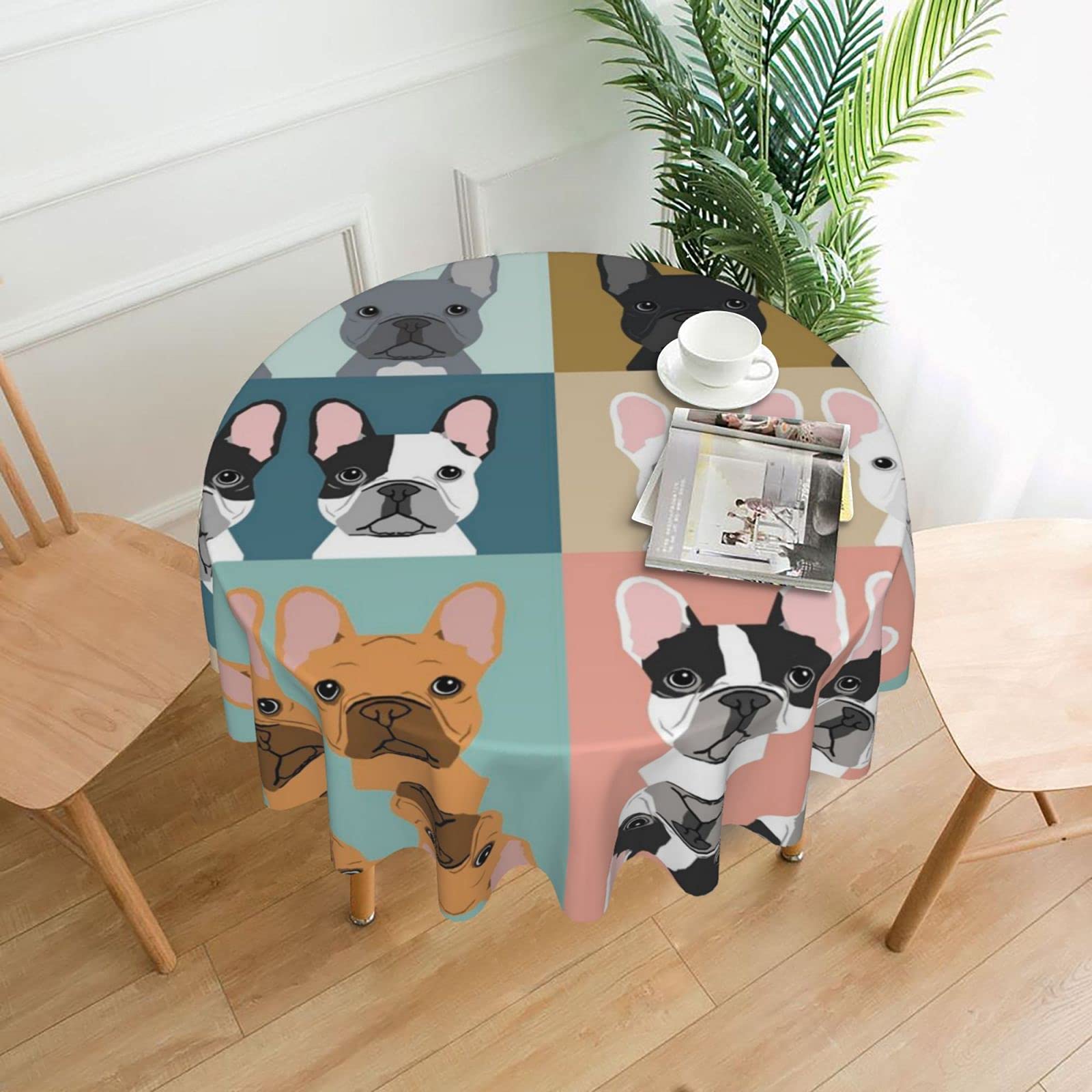 Lawenp French Dog Cute Decorative Round Table Cloths - 60 Inches in Diameter for Buffet Tables, Parties, Holiday Dinners.