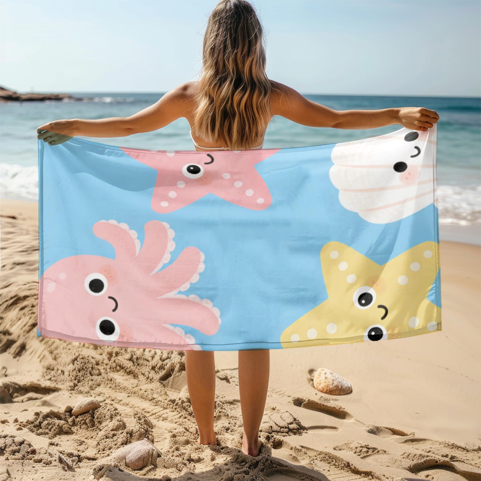 Fouta PlageOctopus Rose Étoile De Mer Shell Modèle Surdimensionné avec Diverses Tailles, Respirante et Portable, Parfaite pour Voyages Sorties Piscine et Usage Extérieur Quotidien 90x160 cm