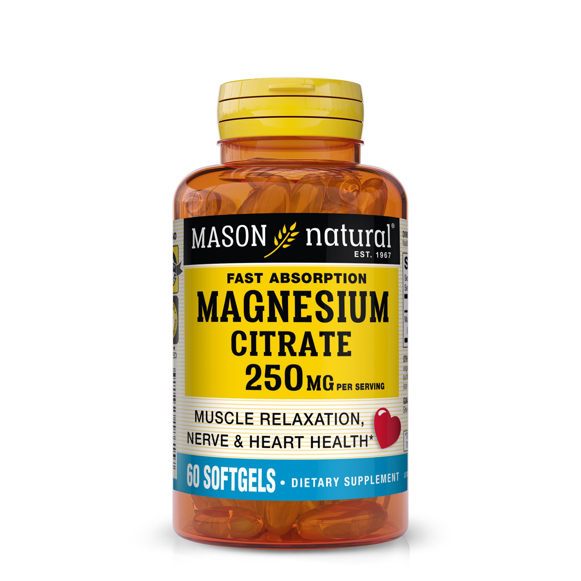 Mason Natural Magnesium Citrate 250 mg, Fast Absorption, 30 Day Supply 60 Count (Pack of 1)