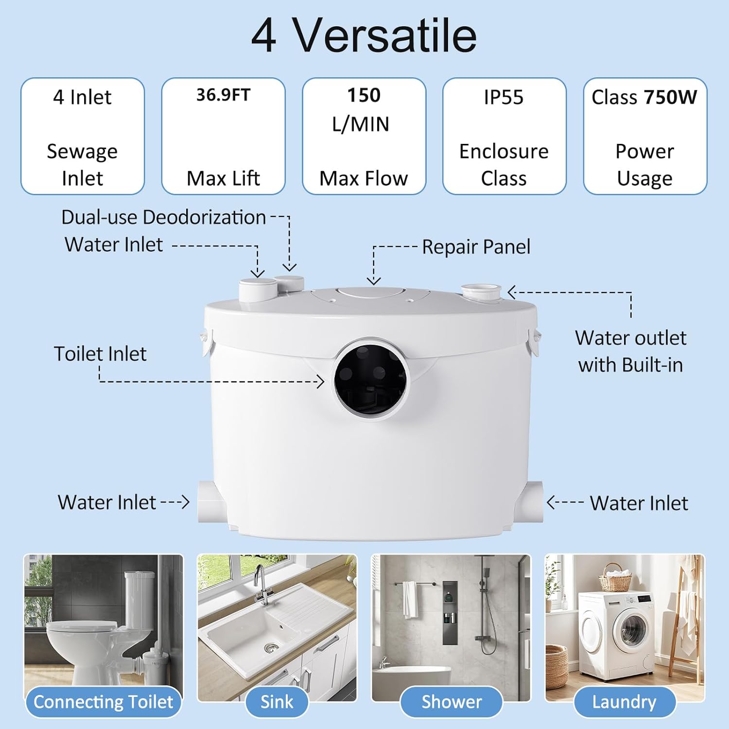 Simple Project Powerful 1000W Macerating Toilet for Basement, Upflush Toilet System with 4 Water Inlet, Dual Flush 17" Toilets with Macerator Pump, Quiet Operation, Space Saving-Include Extension Pipe