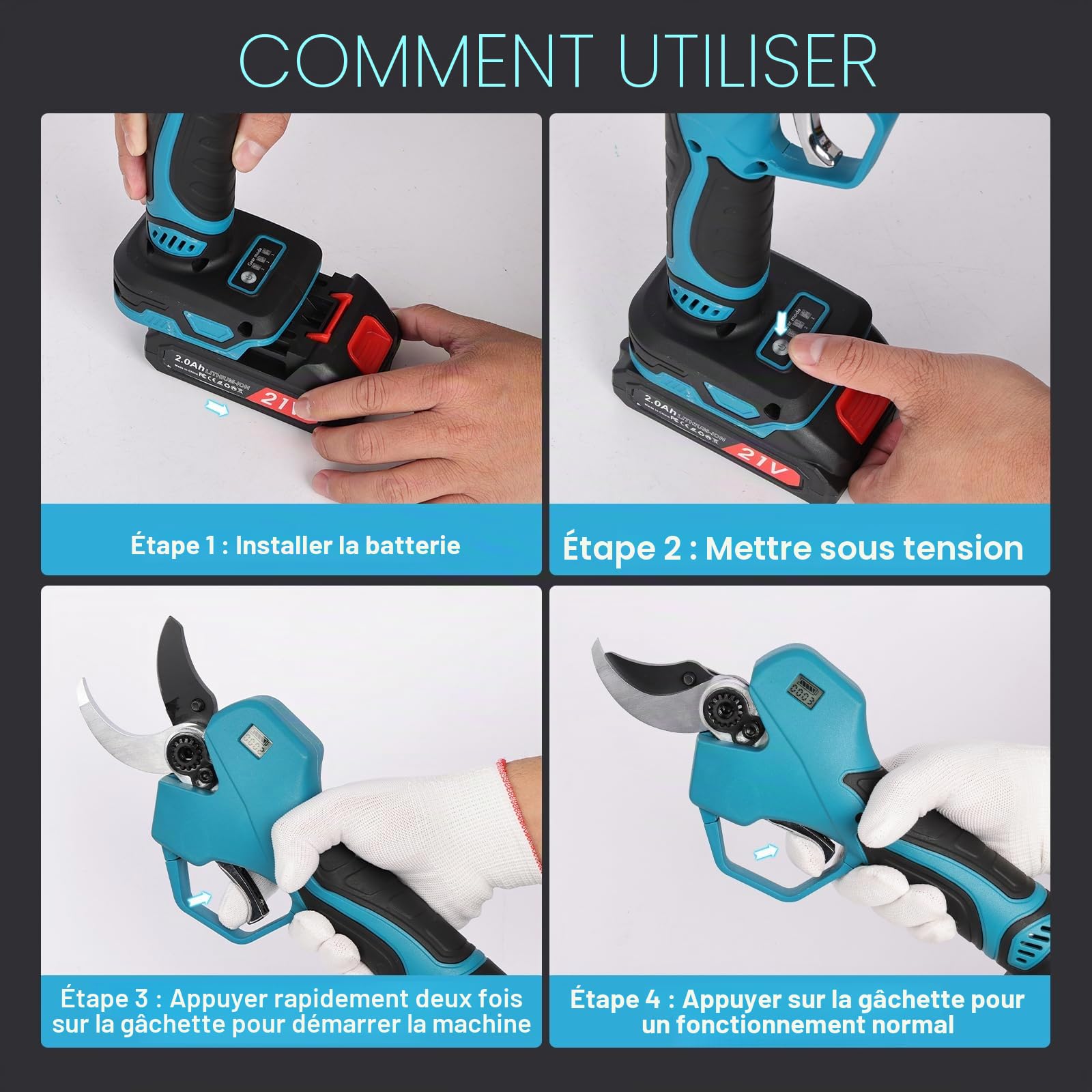 secateur electrique sans fil 50 mm : sécateur à batterie avec écran, 2 batteries de 2000 mAh, 2 lames SK5, 3 tailles d'ouverture (20/30/50 mm) pour vergers, jardins et fermes