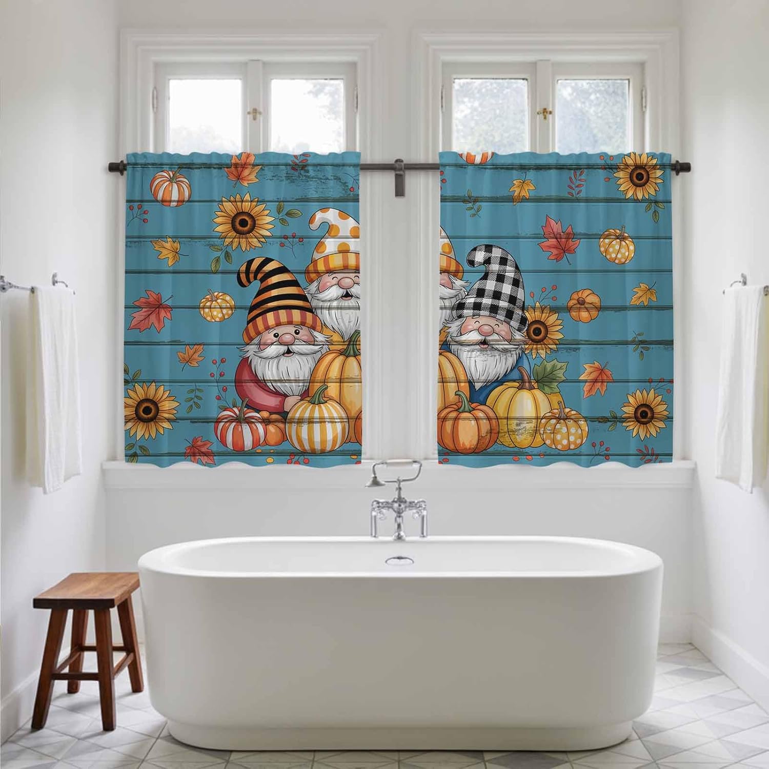 Fall Gnomes Kitchen Tier Curtains 45 Inch Long 2 Panel Set,Rod Pocket Short Window Treatment,Blue Wood Grain Pumpkin Maple Leaf Sunflower Curtains & Drapes for Bathroom Basement 27.5"W x 45"L