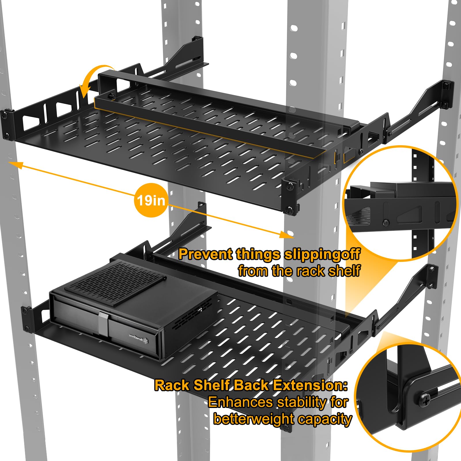 Lot de 2 étagères en rack 1U, étagère de 48,3 cm, support universel ventilé