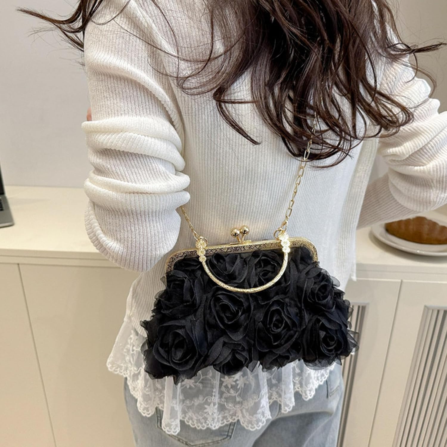 Women Clutch Purses, Elegant 3D Rose Lace Evening Bag, Vintage Retro Evening Clutch, Crossbody Shoulder Purse