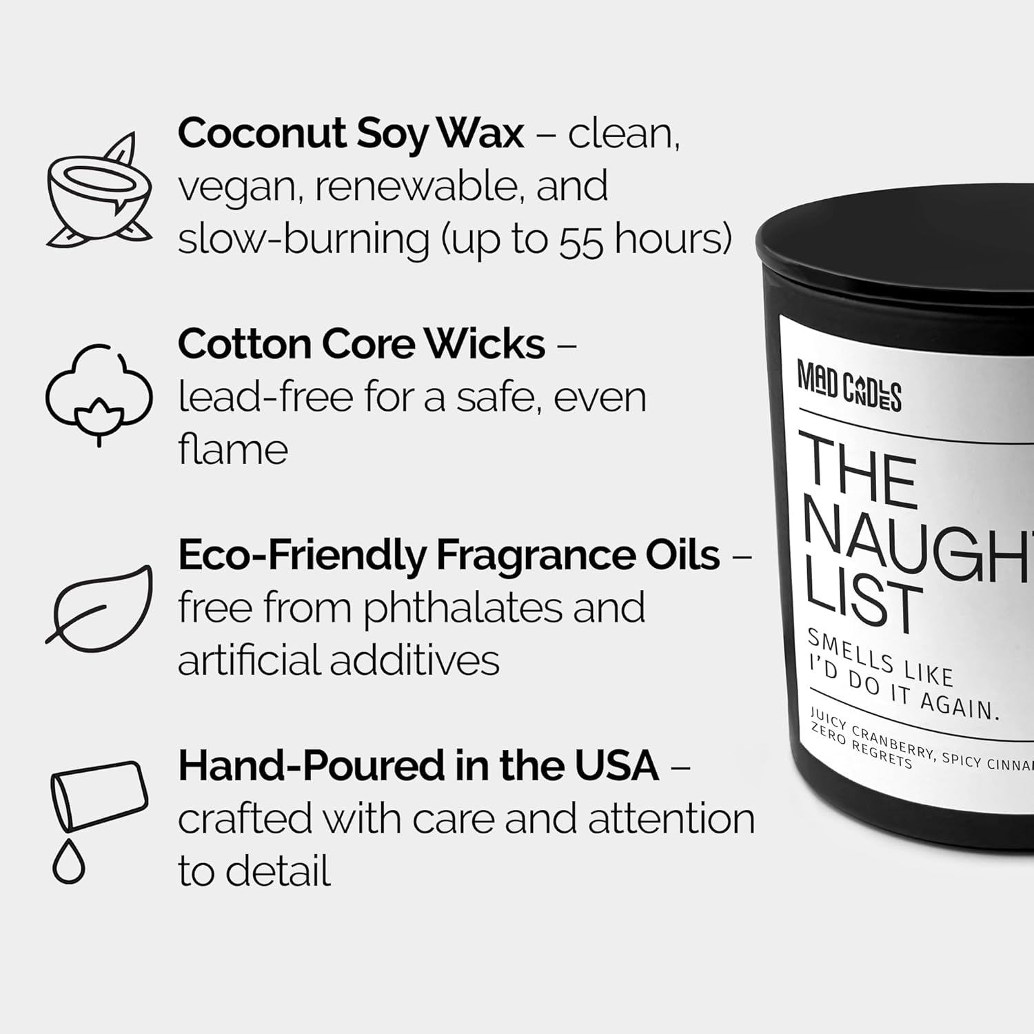 – The Naughty List Candle – Cranberry Cinnamon Scent – Luxury Black Candle for Women & Men, 9.5 oz Coconut Soy Wax Blend, 55-Hour Burn, Clean Cotton Wick, Hand Poured in the USA