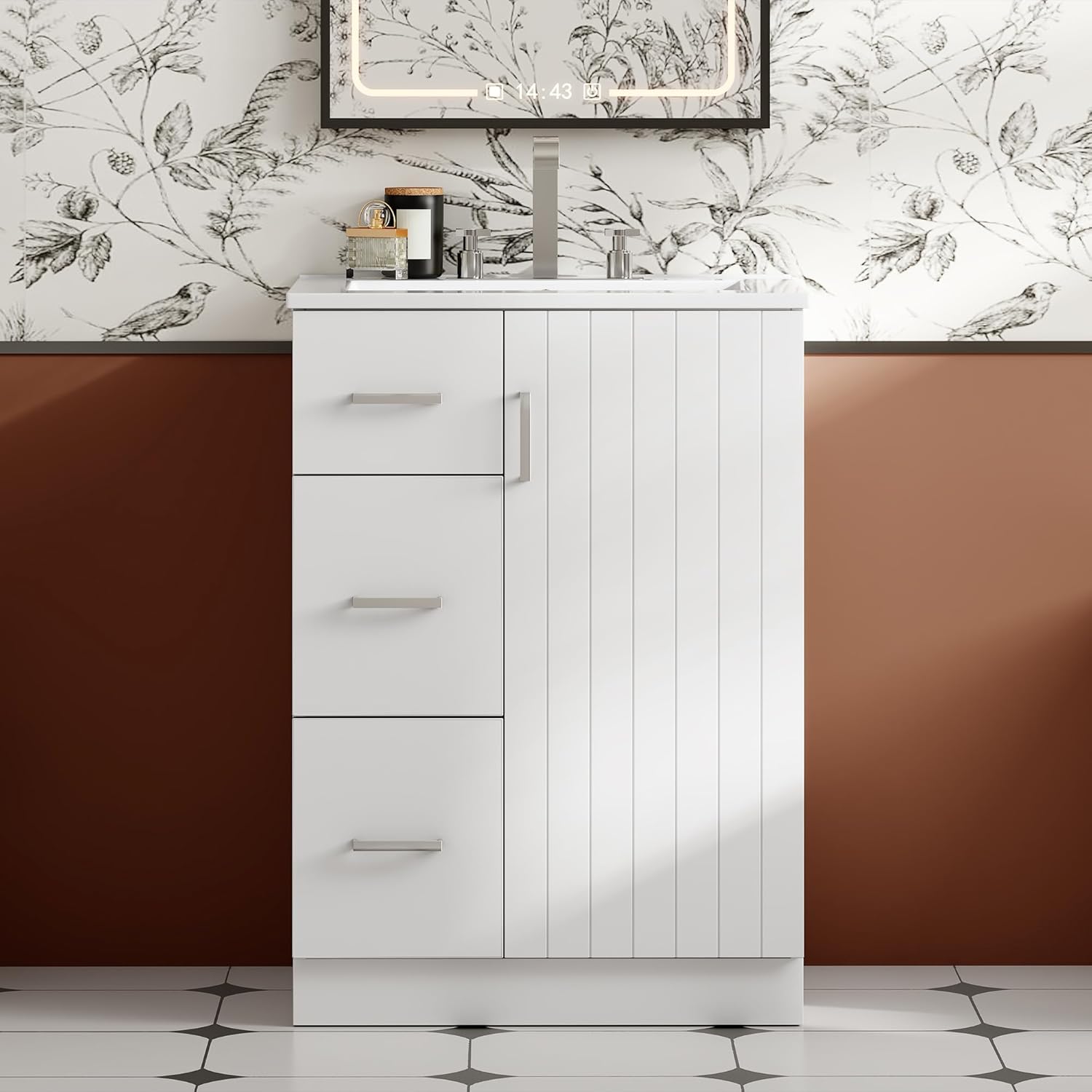 Virubi 24 Inch Bathroom Vanity with Ceramic Sink, Modern Sink Cabinet with 2 Drawers, Linear Door and Adjustable Shelf, Solid Wood Frame Vanities for Powder Room, Small Bathroom