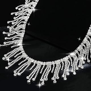 DONGZHOU Rhinestone Fringe Trim, 1 Yard Silver Crystal Rhinestone Chain Diamond Tassle Trim for Sewing Dress Bridal Wedding Decoration Jewelry Making Clothing Accessories,Long Tassel Style