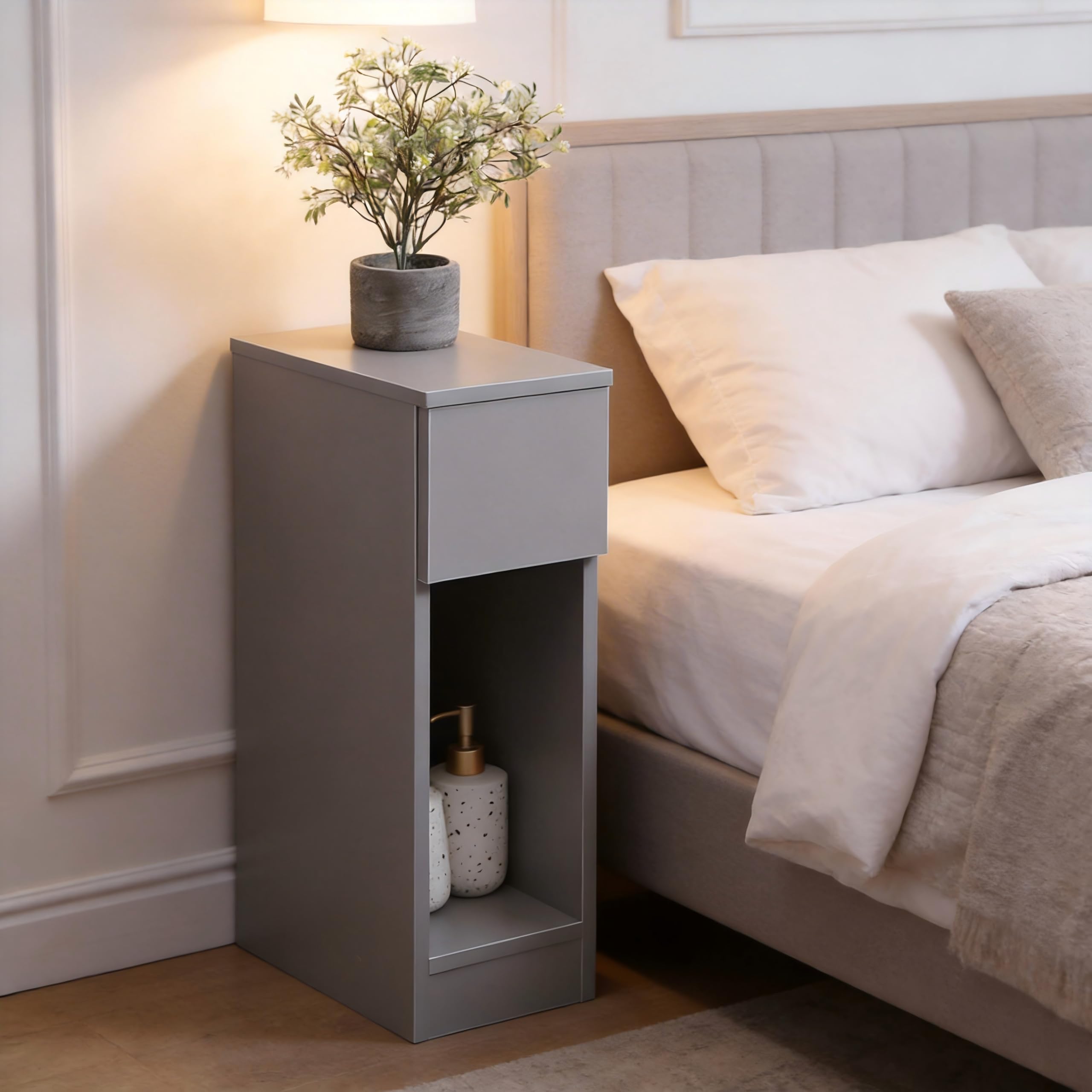 Homullel 20cm Narrow Bedside Cabinet Drawer Slim Bedside Table Small Nightstand Bed Side Table for Bedroom Living Room (1 Drawer, Grey)