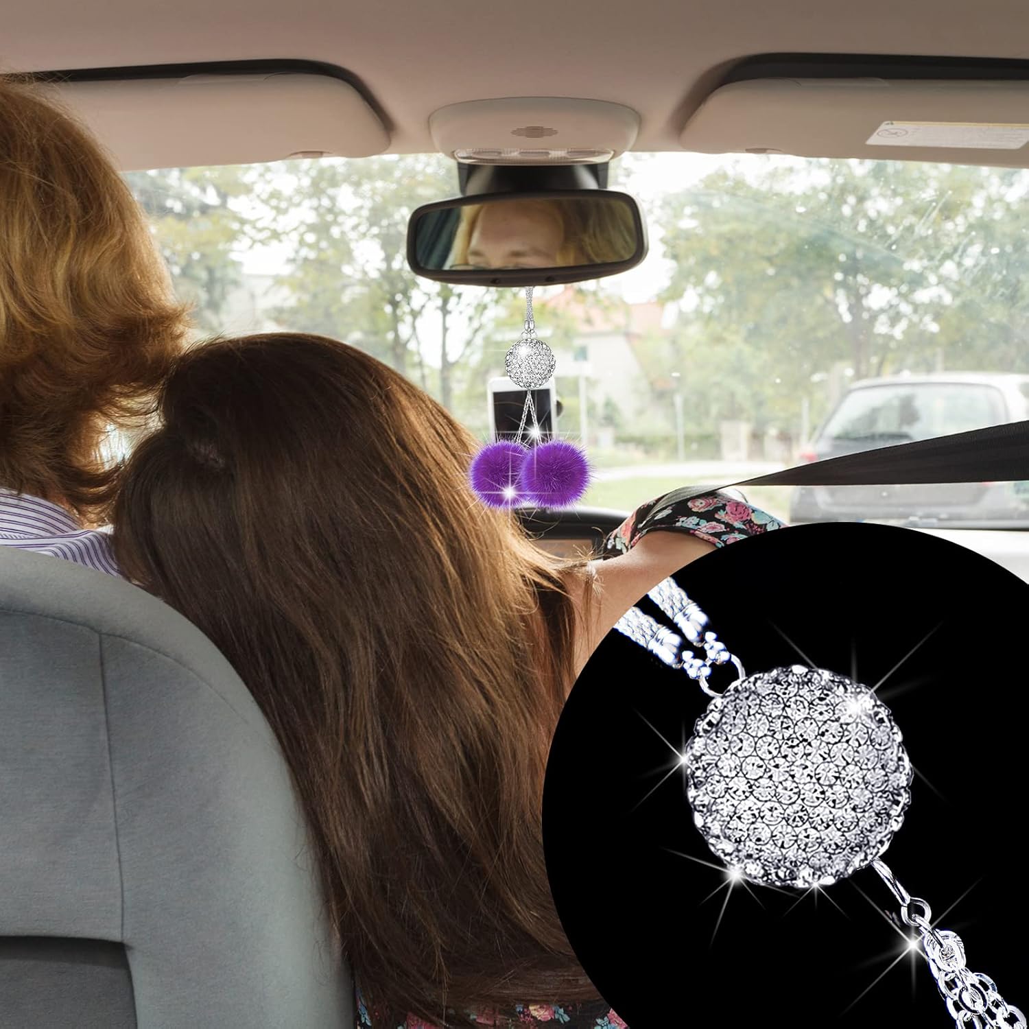 Frienda 6 Pieces Fluffy Car Accessories Set Bling Fluffy Steering Wheel Cover Soft Fuzz Handbrake Gear Shift Cover Bling Mirror Fuzz Car Pad Decoration