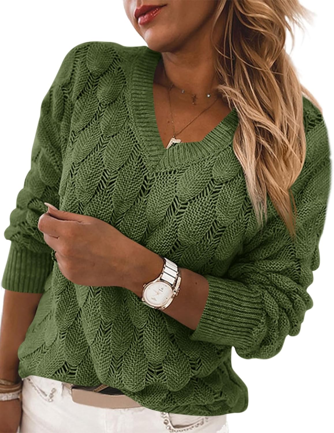 Women's V Neck Long Sleeve Pullover Sweater Lightweight Knit Sweaters Novelty Sweaters