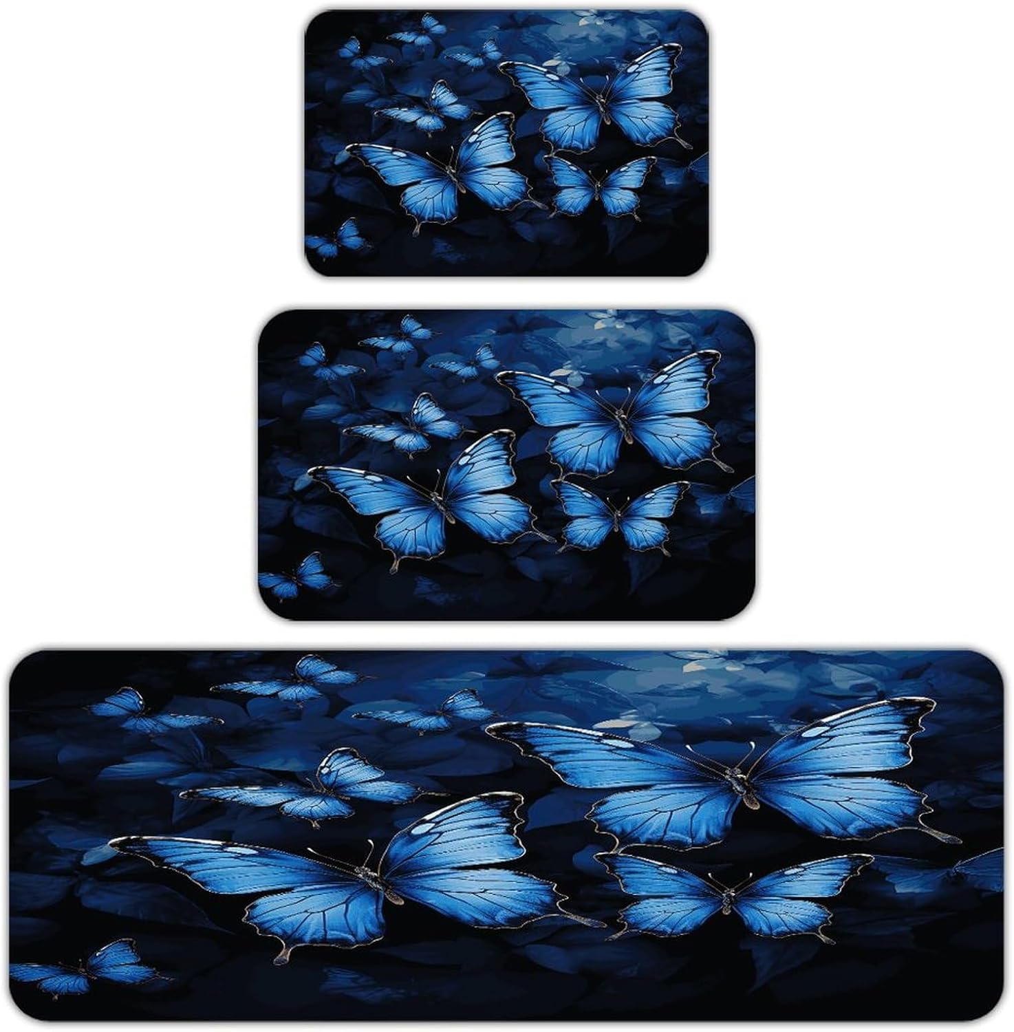 Dark Blue Butterflies Kitchen Rugs Set of 3 Non Slip Washable Kitchen Mats for Floor Soft Area Rug Kitchen Floor Mat Cushioned Anti Fatigue Mats Standing Sink Mat Decor Runner Rugs