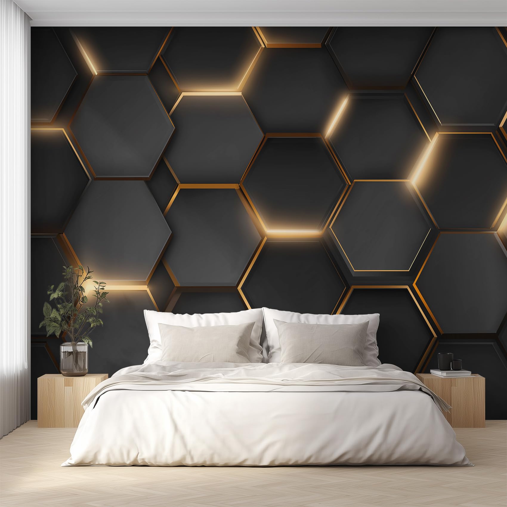 Générique Papier Peint Intissé Géométrique Noir et Or, Papier Peint Panoramique Hexagone Alvéolé Noir pour Salon Chambre Bureau Couloir, Décoration Murale, 350 x 256 cm (L x H) Y&W63