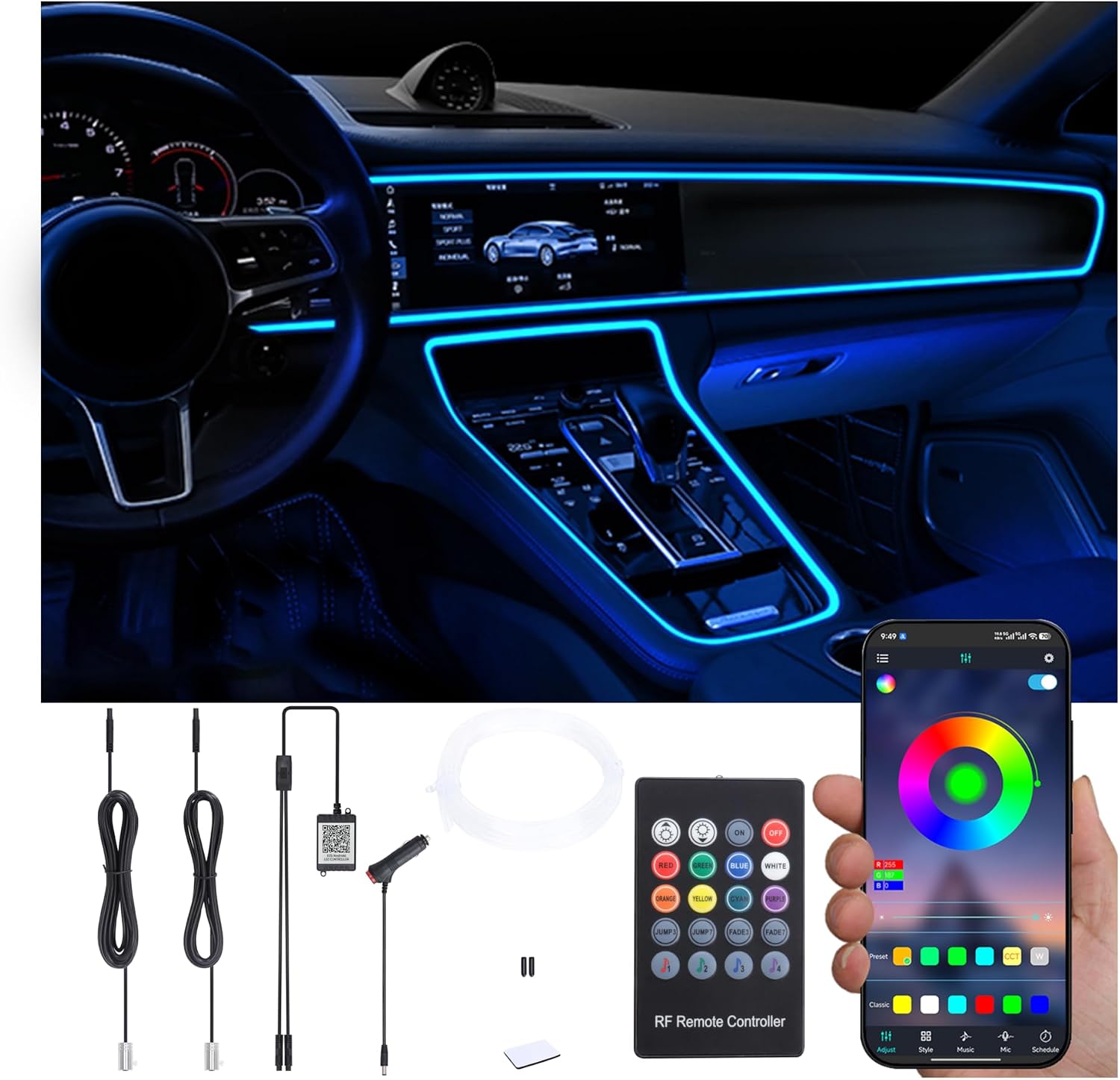 Car Ambient Lighting Fiber Optic 64 Colors Music Sound Active with RF Remote Controller + APP Control Car Decorative Atmosphere Lighting Kit DC 12V 1W 3m