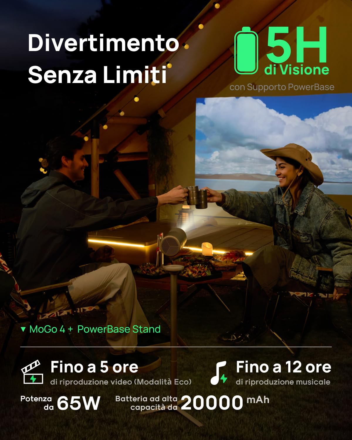 XGIMI MoGo 4 2025 NUOVO Proiettore Portatile con Base PowerBase, 5 Ore di Autonomia, Google TV con Netflix con Licenza, Supporto Regolabile a 360°, 450 Lumen ISO, 2 x 6W Harman Kardon