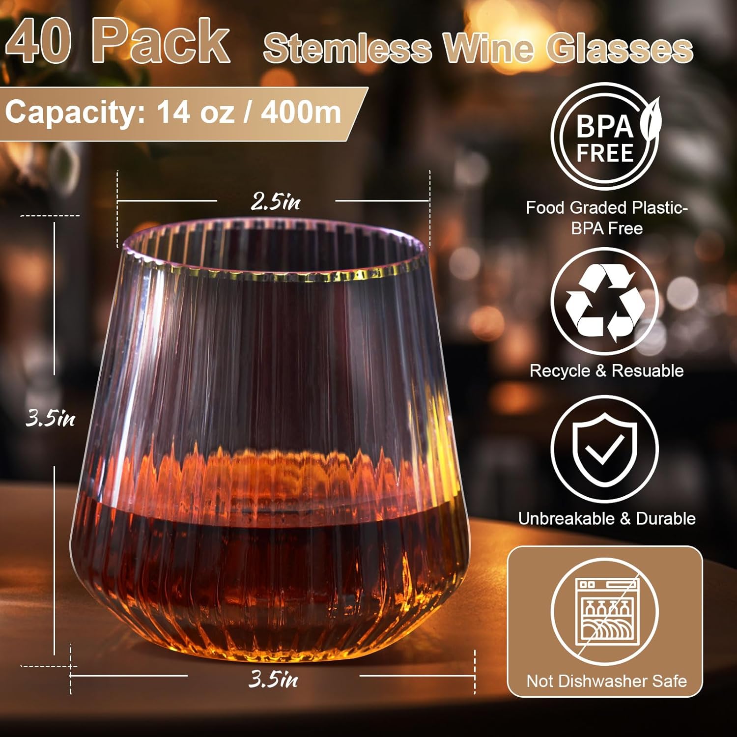 OTOB 40 Pack Stemless Plastic Wine Glasses 14 OZ Origami Ripple Unbreakable Wine Cups, Reusable Disposable Whiskey Champagne Glass, Shatterproof Cocktail Cups for Home Party Wedding Bar, Gold Rim - Image 2