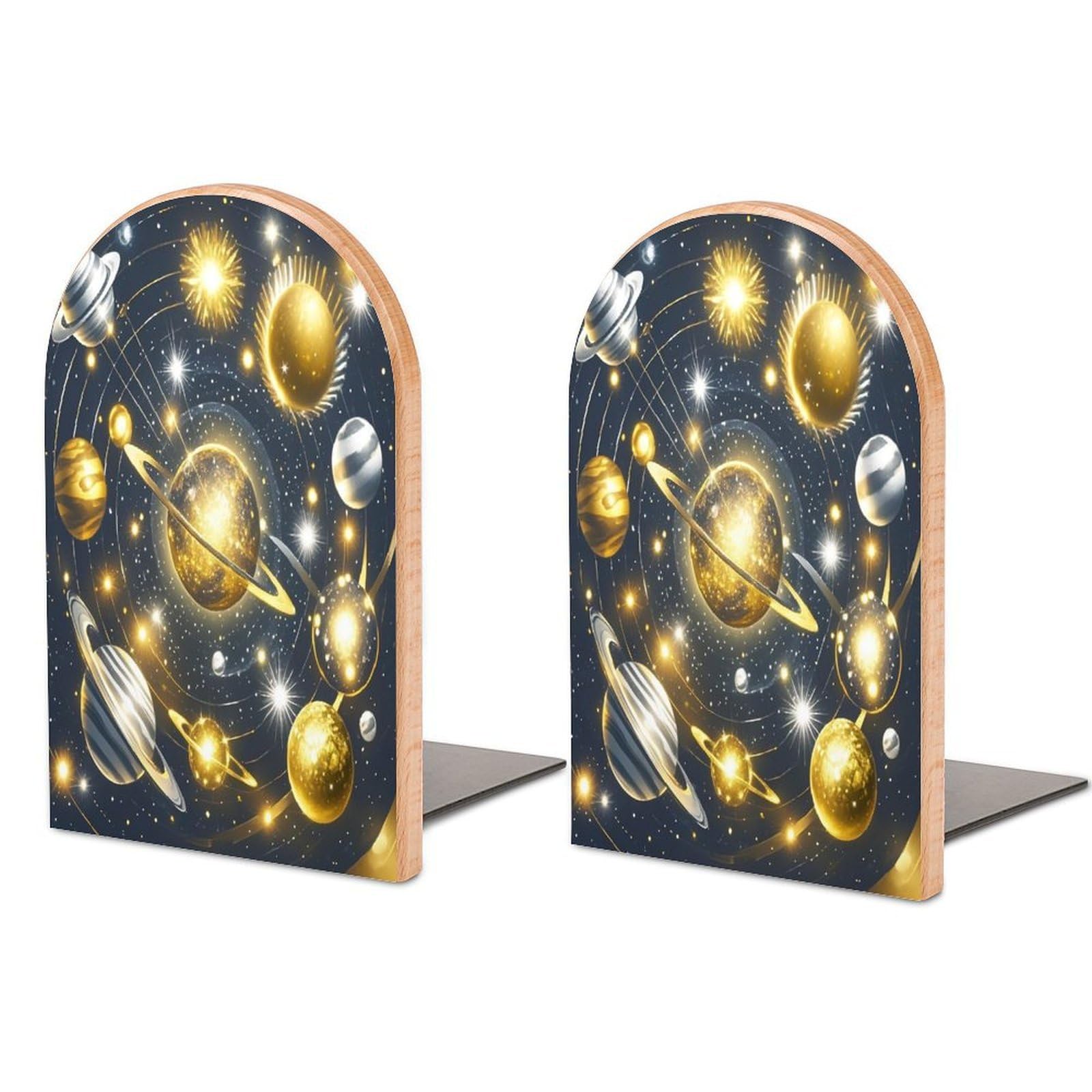 Gold and Silver Space Themed Bookend for Shelves Wooden Book End Sturdy Book Holders Stoppers with Metal Base for Bookshelves Slick Decorative Bookends Stands