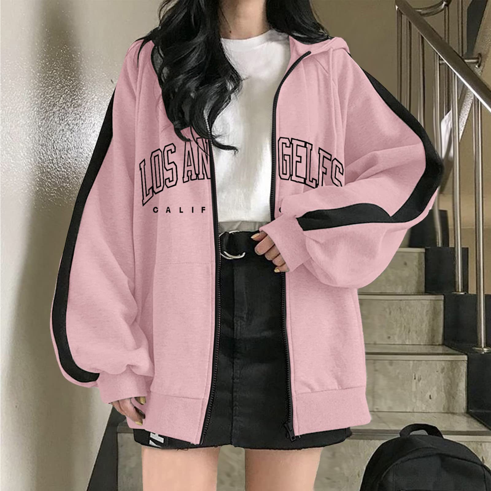 Los Angeles California Damen-Kapuzenpullover mit Reißverschluss, trendiger Farbblock, ästhetisch mit Kapuze, Jacken, Workou, Kordelzug, Patchwork, übergroße Pullover, Herbst, Damen, College, Komfort