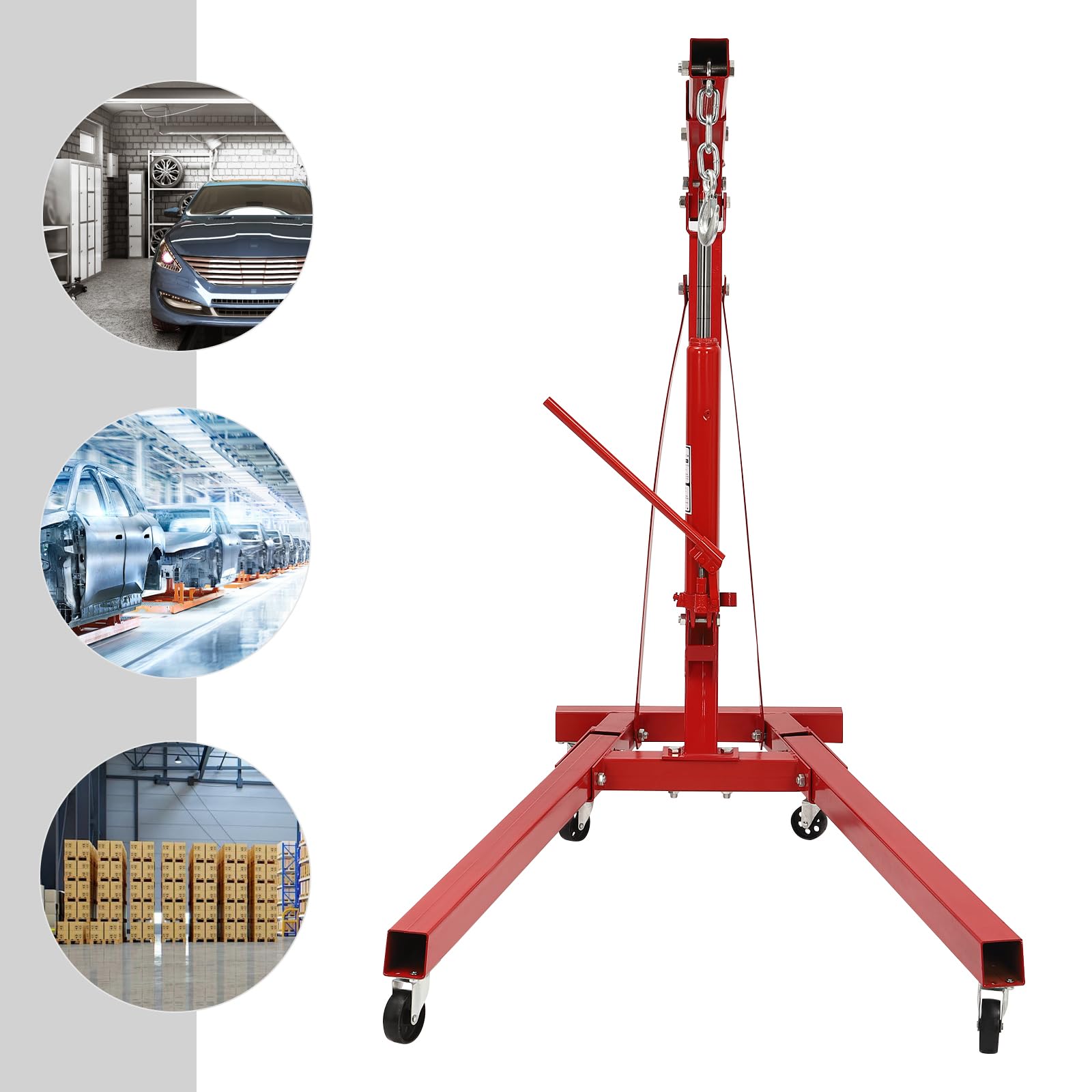 Sollevatore motore pieghevole 2t con 6 ruote – Carrello idraulico per officina e garage – Gru a motore con 4 livelli (0,5 – 2 t) e altezza massima 210 cm