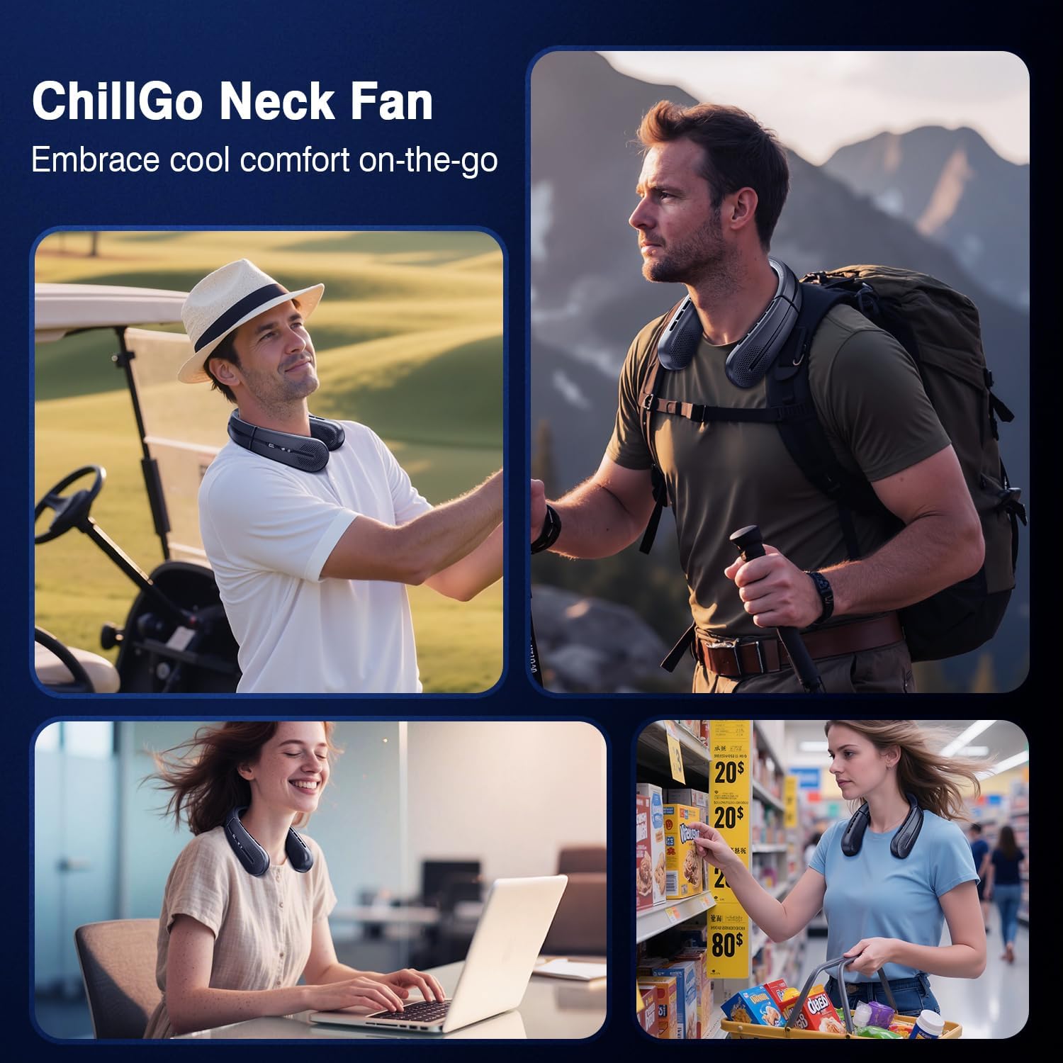 ChillGo Portable Neck Fan - 8400 RPM Enlarged Turbo Airflow - 5200mAh Personal Rechargeable Cooling Wearable Fan - Max 16H, 4 Speeds, Foldable, LED Display - Great Gifts for Men Women - NYC Midnight
