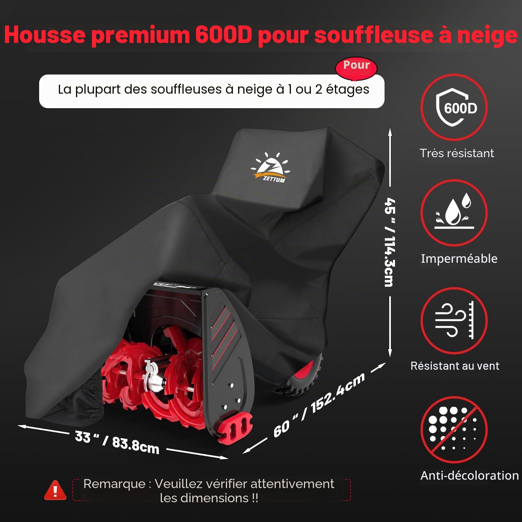 Zettum Housse de souffleuse à neige – Housse de souffleuse à neige 600D imperméable et résistante pour l'extérieur, ajustement universel pour EGO, Honda, Ryobi, Cub Cadet, Ariens, Troy Bilt, Snow Joe