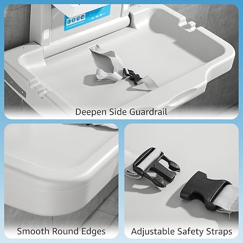 Miniatura 10 de modunful Cambiador de bebé montado en la pared, mesa de cambio de pañales plegable horizontal comercial con correa de seguridad ajustable,
