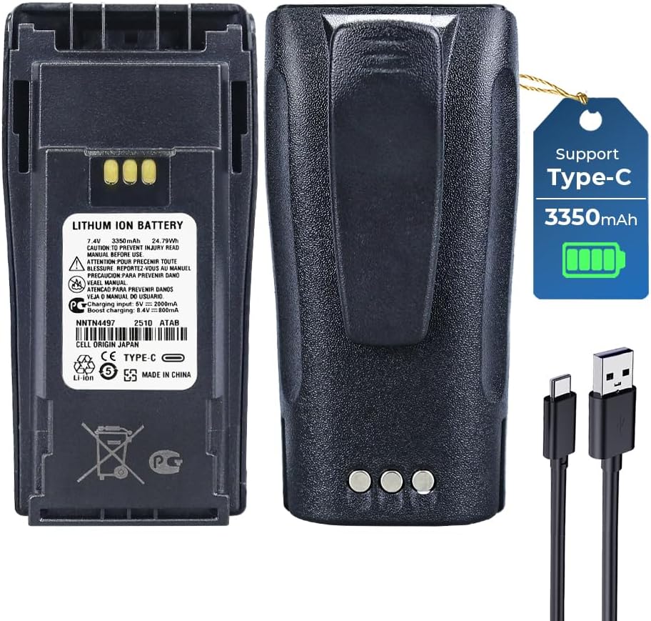 NNTN4497 NNTN4496AR NNTN4851 Li-ion Battery with USB-C port for CP040 CP140 CP150 CP160 CP180 CP250 CP380 PR400 EP450 EP450S DEP450 XiR P3688 GP3688 GP3188 Walkie Talkie Battery with Belt Clip+Cable