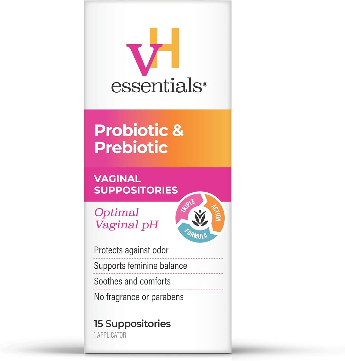 vH essentials Prebiotic pH Balanced Vaginal Suppositories, 15 Count | Prebiotic Formula with Probiotics, Lactic Acid, Vitamin E, Hyaluronic Acid, Helps Protect Against Odor, Fragrance-Free