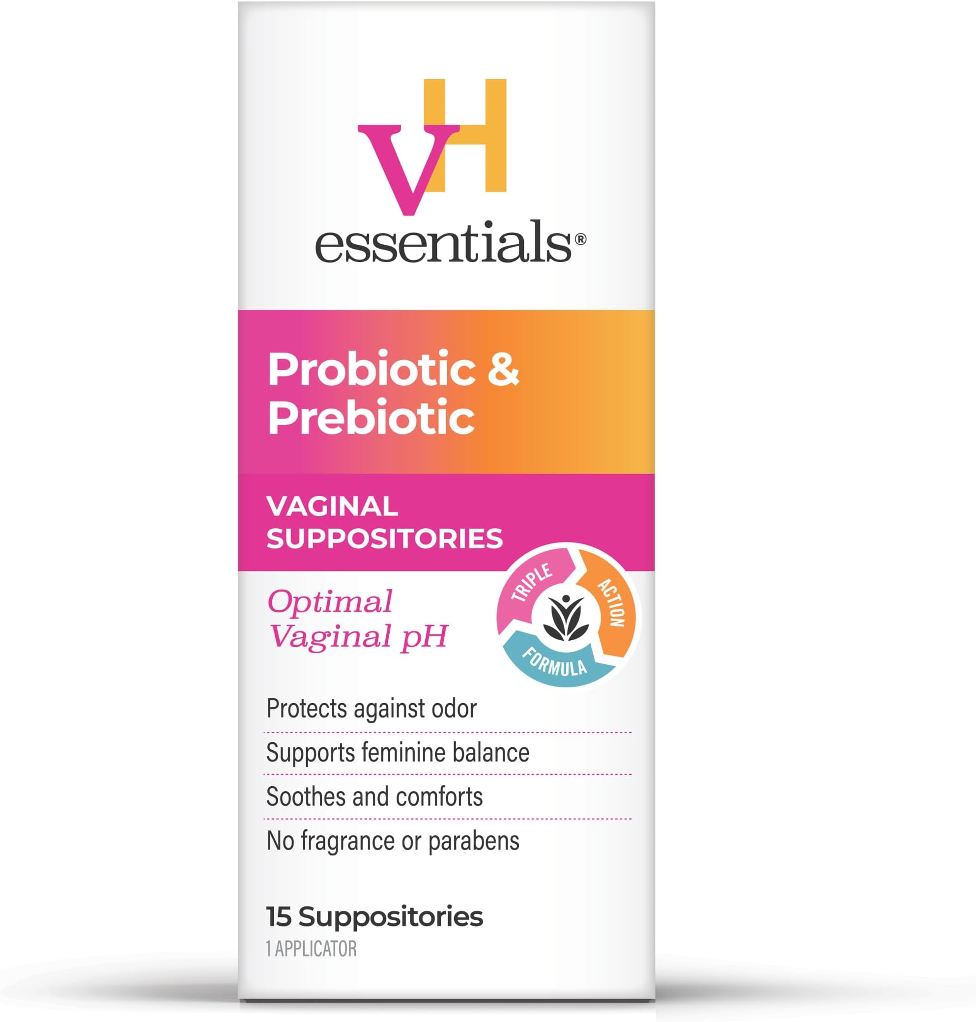 vH essentials Prebiotic Vaginal Suppositories, pH Balanced for Feminine Odor, Hygiene, and Health