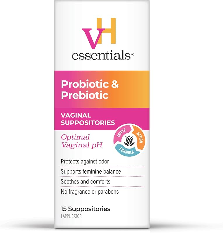 vH essentials Prebiotic pH Balanced Vaginal Suppositories, 15 Count | Prebiotic Formula with Probiotics, Lactic Acid, Vitamin E, Hyaluronic Acid, Helps Protect Against Odor, Fragrance-Free