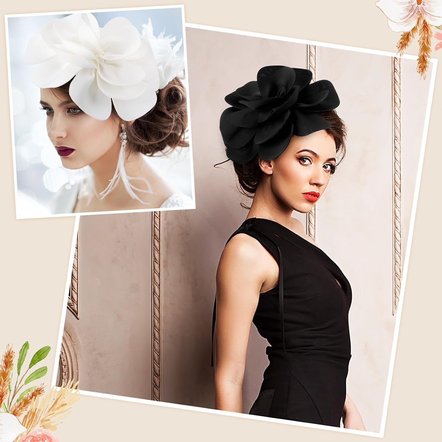 Black,White 2 Pcs Flower Fascinator Hats for Women, White Tea Party Hats, 1920s 50s Wedding Cocktail Floral Headbands with Clip, 2026 Vintage Rose Fascinator Headpiece