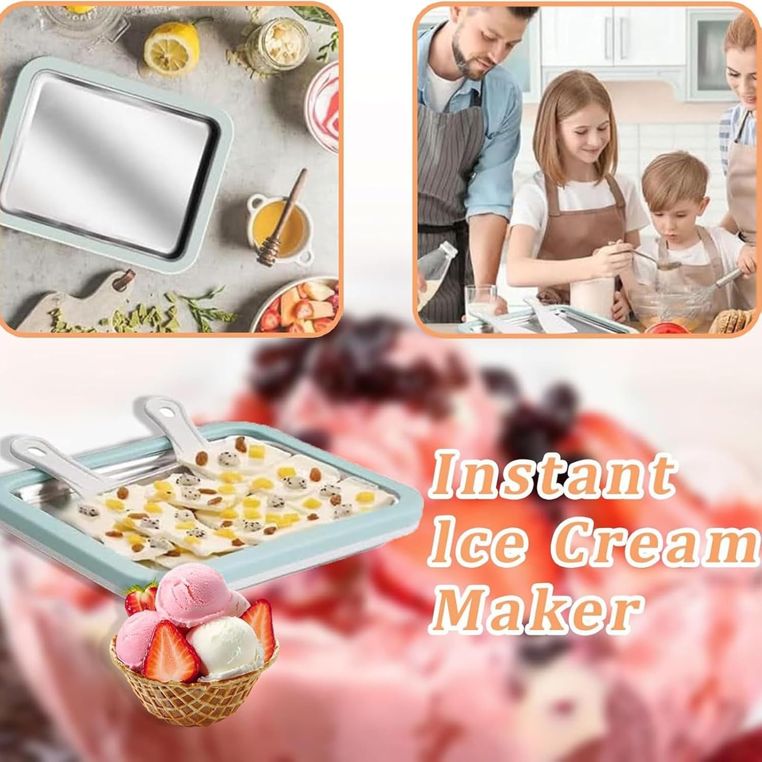 rolled ice cream maker kit for home, stainless steel instant freeze plate with 2 scrapers & tray, diy ice cream roll pan, fun ice cream maker for kids, family, parties and summer desserts (white)