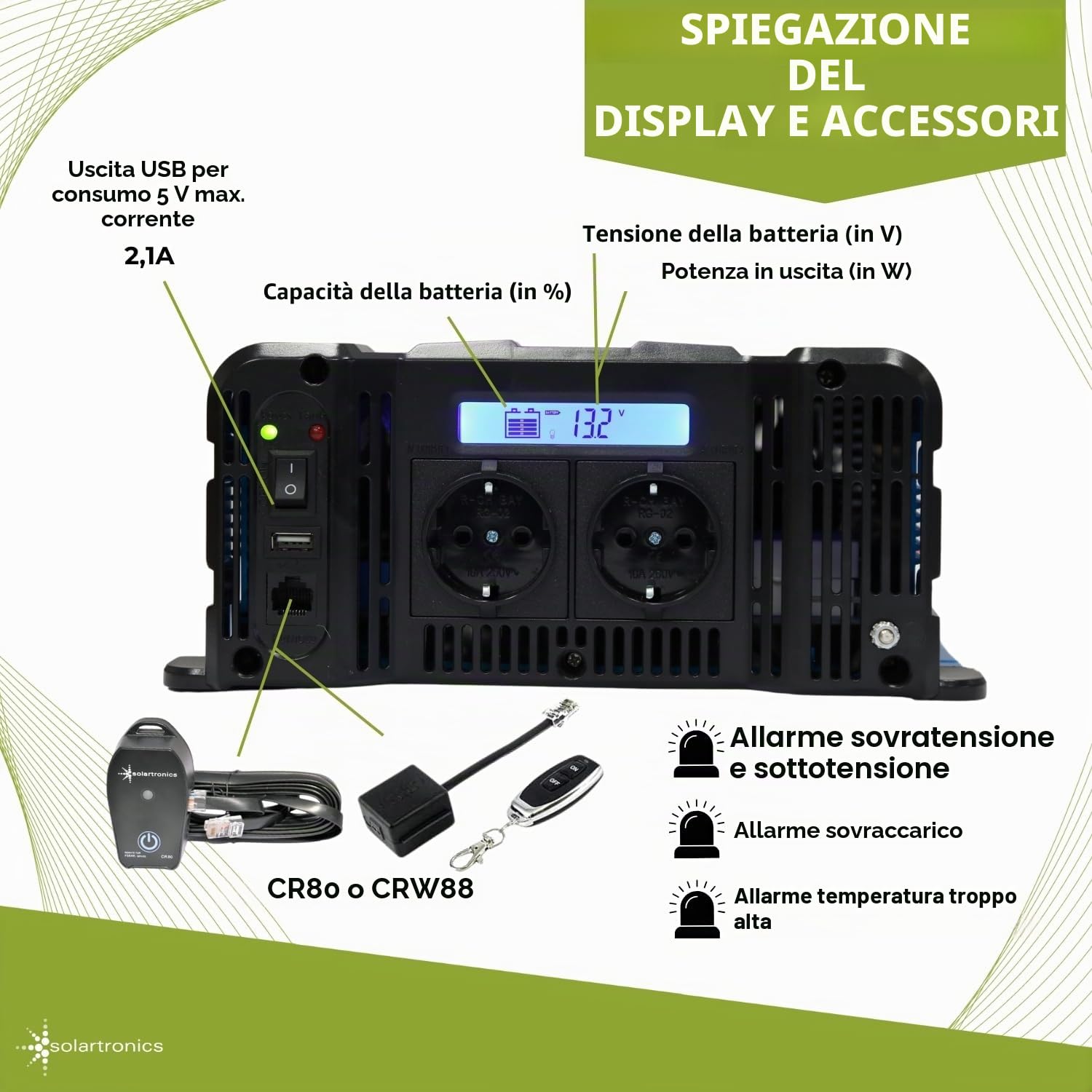solartronics Convertitore di tensione FS1500D 12 V 1500/3000 Watt Pure Sinus Blue m. Display FS Serie LiFePO4 / Litio, Piombo, Gel o AGM batteria compatibile Inverter