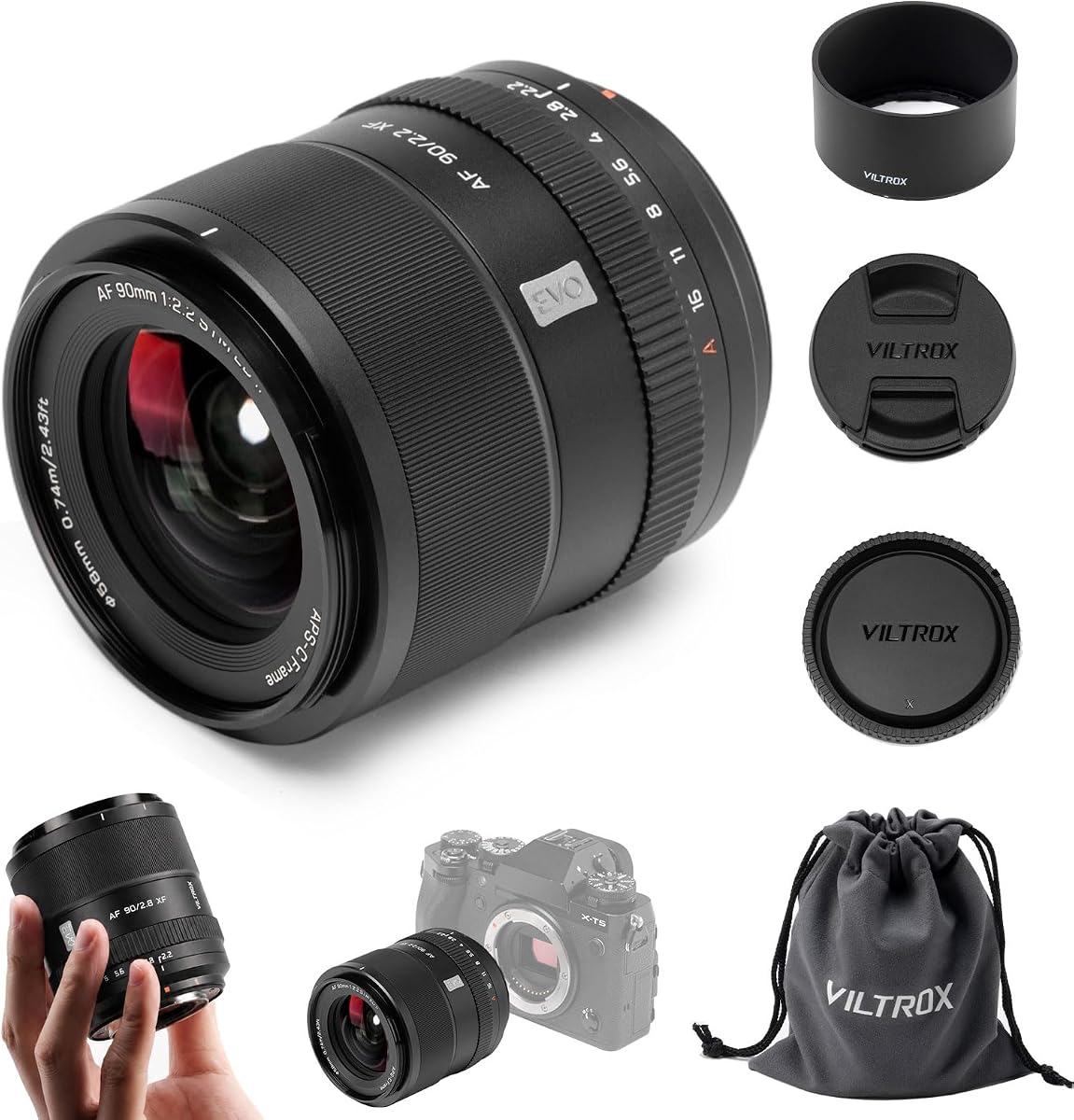 Lente principal VILTROX AF 90 mm F2.2 EVO APS-C para montura Fujifilm X | Teleobjetivo vertical, gran apertura, peso ligero de 11 onzas, enfoque automático STM, nanorevestimiento múltiple HD, ángulo de 18,6°, rosca de filtro de 58 mm