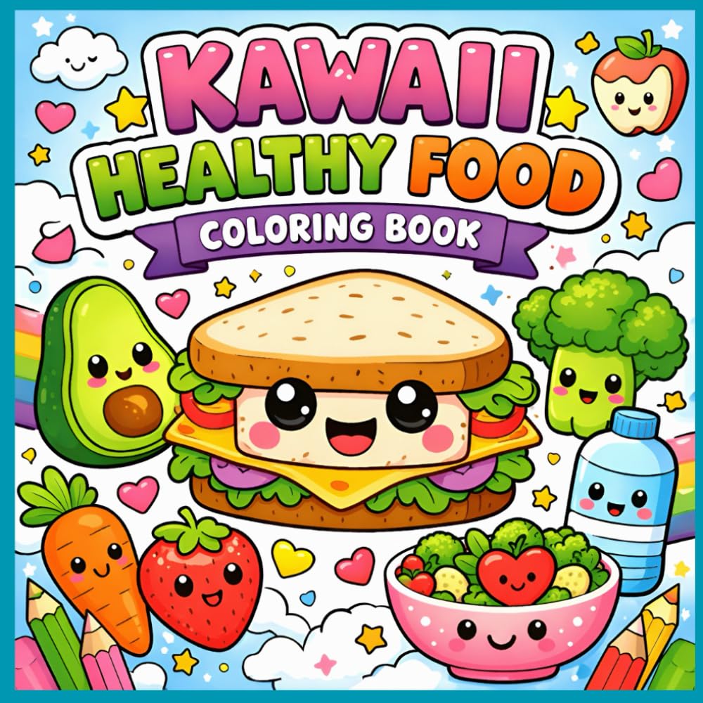 Kawaii Healthy Food Coloring Book for Adults and Teens: 50 Cute and Relaxing Healthy Food Designs for Stress Relief and Creativity