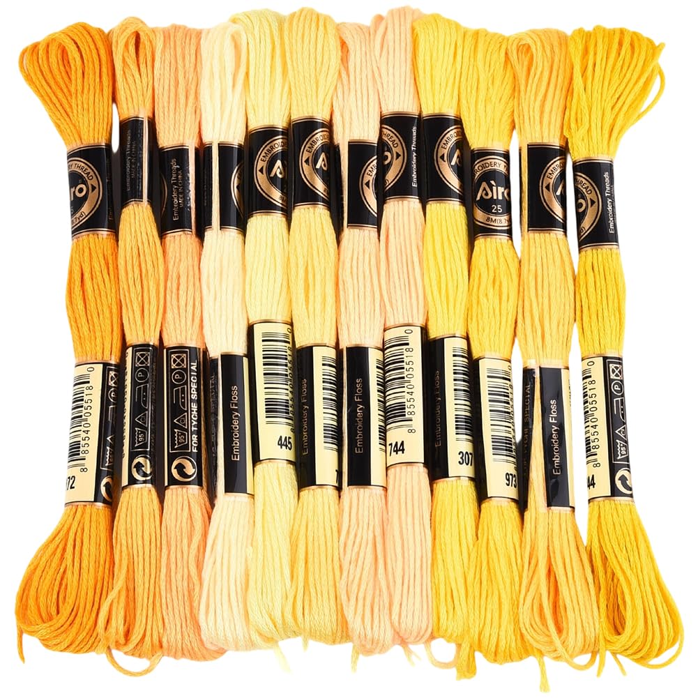 CABODYALS 12 Skeins 6 Strands Yellow Embroidery Floss Polyester Cross Stitch Thread Variegated Gradient Friendship Bracelet Yarn String Bulk for Hand Sewing Jewellery Diy Crafts Bracelets Stitching