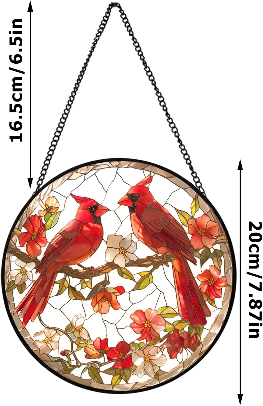 Stained Glass Style Cardinal Suncatcher, 7.87 Inch (20cm) Round Real Glass Window Hanging with Gift Box and Chain, Bird Decor Gift - Image 2