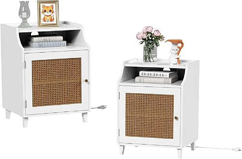 Miniatura 6 de Anbuy Juego de 2 mesitas de noche de ratán, mesa auxiliar de madera, mesita de noche con estante de almacenamiento abierto y puerta, mesitas de