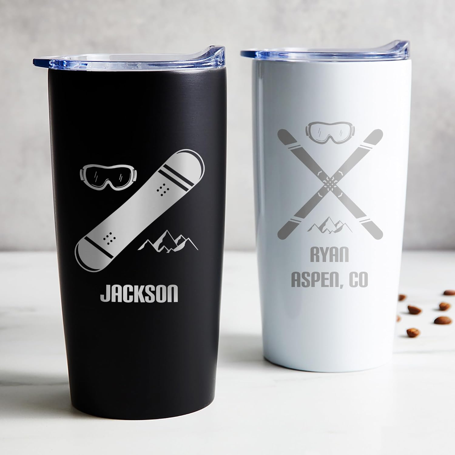 Lifetime Creations Engraved Personalized Skiing Stainless Steel Tumbler with Lid 20 oz (Black) - Custom Ski Coffee Travel Mug Gift for Skiers
