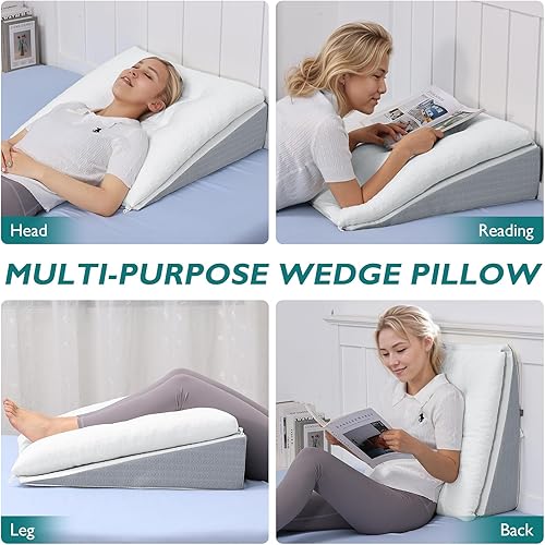 Miniatura 6 de TANYOO Almohada de cuña de cama para apnea del sueño, almohada Gerd de 7.5 pulgadas, almohada triangular de doble capa, ajustable, cubierta de