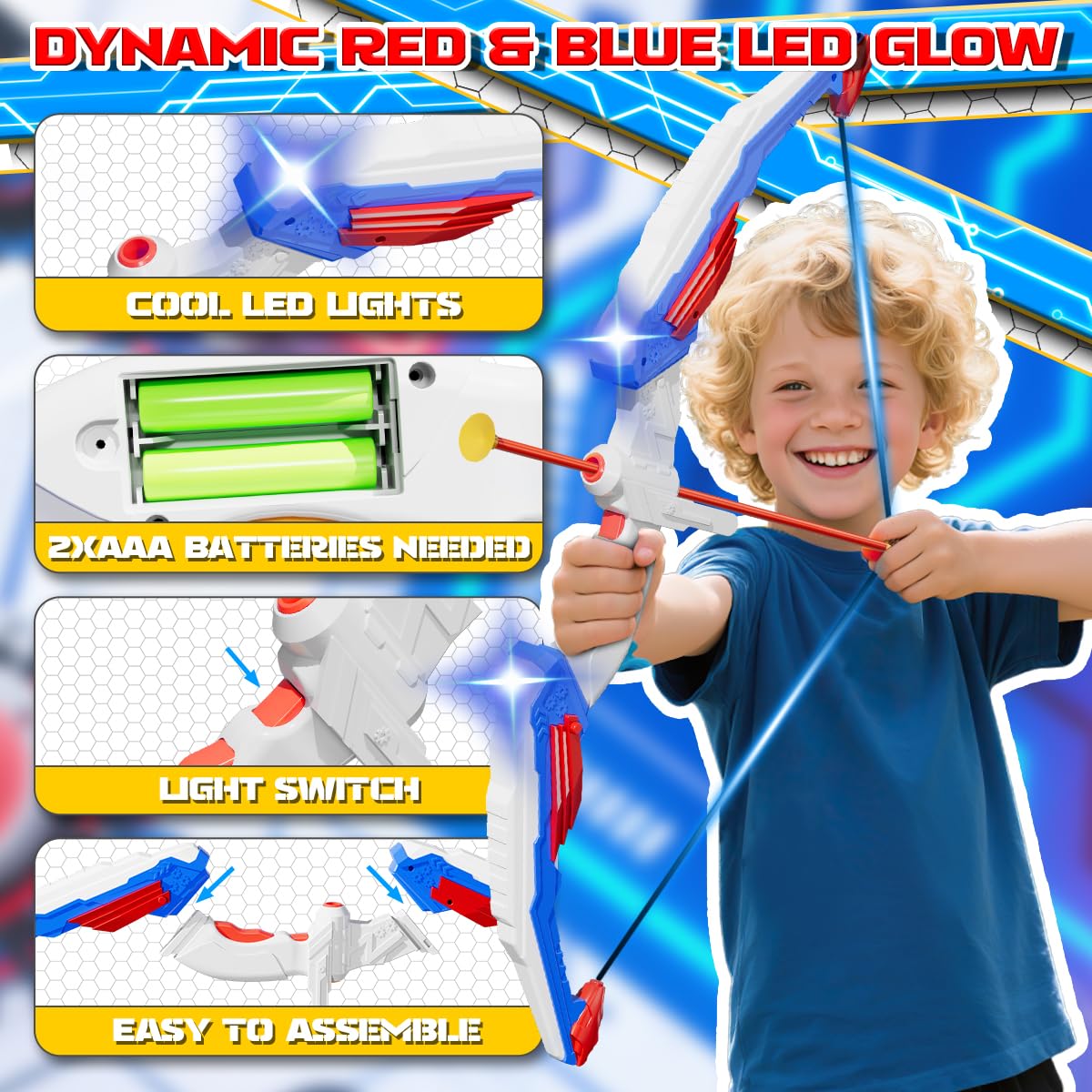 Kids Bow and Arrow Set, LED Light Up Archery Toy Set with 10 Suction Cup Arrows, 2 Target & Quiver, Indoor and Outdoor Toys Sport Gifts for Kids, Boys & Girls Ages 5 6 7 8 9 10 11 12